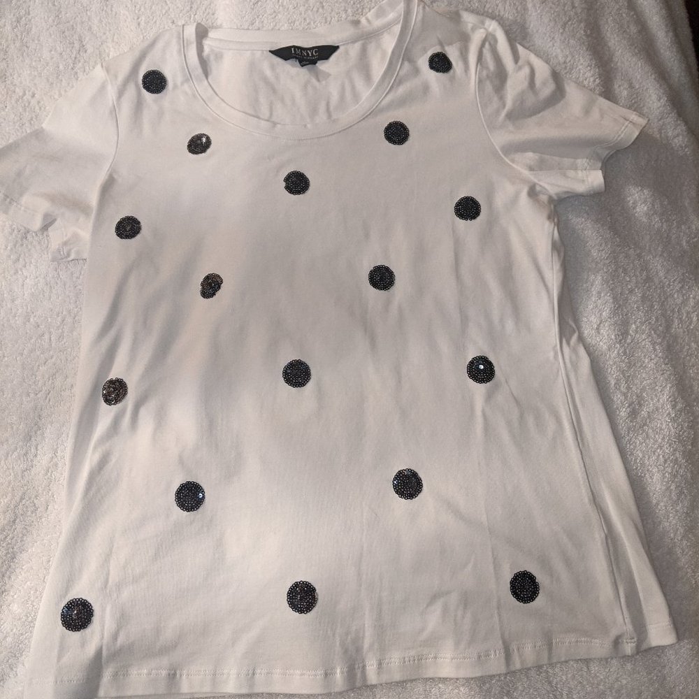 IMNYC Isaac Mizrahi White Tee - Black Sequined Polka Dots - Small